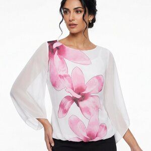 NWOT Alfani White Blouse with Pink Floral Design size MP